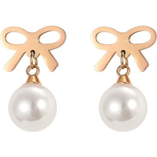 316L Stainless Steel Bow Hanging Pearl Earrings Female Titanium Steel Earrings Rose Gold Earrings No Fade