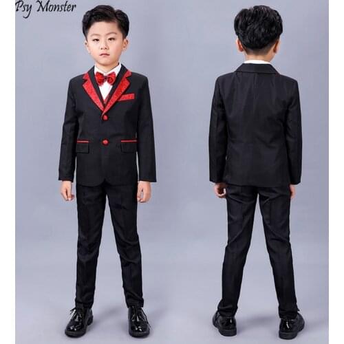 4pcs Childrens Formal Dress Suit Sets Flower Boys Wedding Party Host Piano Dress Costume Kids Blazer Vest Pants Bowtie Outfits