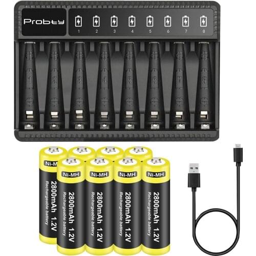 Probty AA 2800mAh Rechargeable Batteries + AAA 1000mAh Rechargeable Battery with 8Slots Charger for AA AAA NiMH electric toys