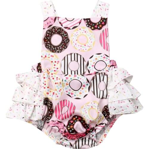 2021 New Baby Girl Sweet Cute Donut Printed Ruffled Bodysuit 0-24M Newborn Infant Toddler Summer Casual Backless Romper Outfits