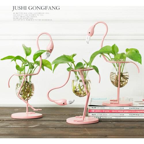 Dropshipping 3 Types Pink Flamingo Shape Glass Tabletop Plant Bonsai Flower Wedding Decorative Metal Vase Home Decoration