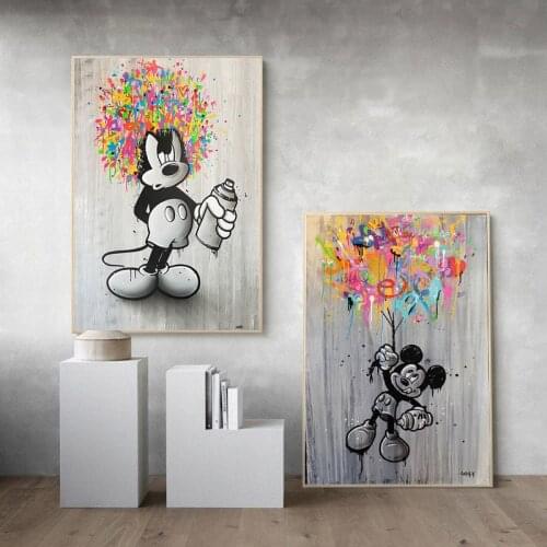 Graffiti Art Creative Black and White Cartoon Mickey Mouse Canvas Poster and Prints Wall Art Pictures for Living Room Decor