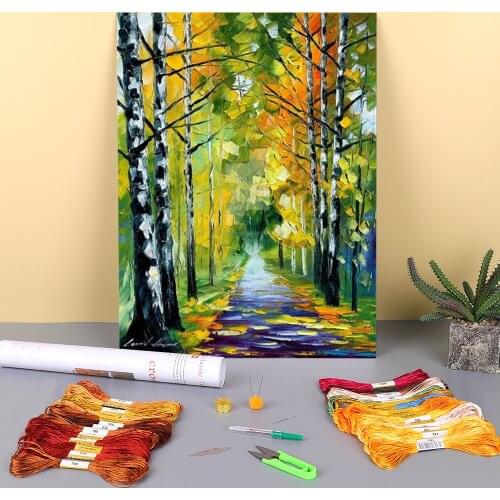 Oil Painting Style Birches Printed Fabric 11CT Cross Stitch Full Kit Embroidery DMC Threads Sewing Needlework Painting Gift