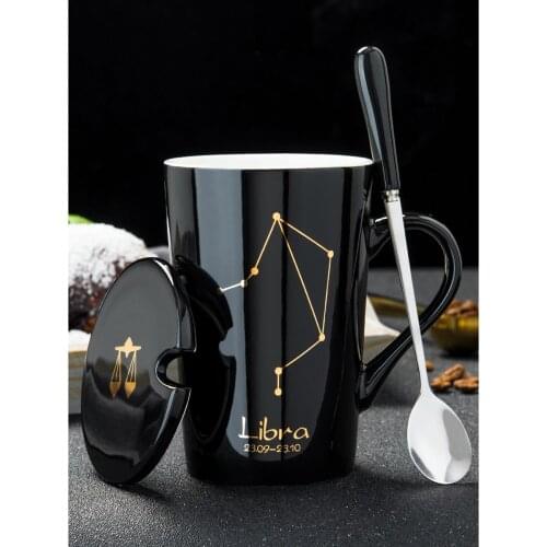 Creative 12 Constellations Ceramic Mug Spoon Lid Gold Zodiac Coffee Cup Fashion Couple Cup Home Made Water Cup for Men / Women