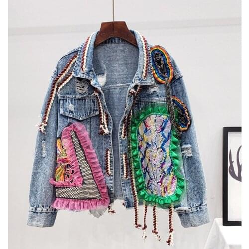 Streetwear Holes Diamond Splicing Print Rivet Diamonds Denim Jacket Women Outerwear Mesh Lace Up Loose Short Jeans Jacket Female