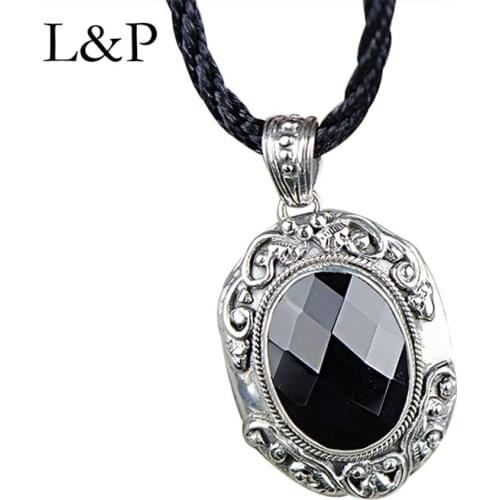 L&P Vintage Elegant Black Agate Pendant For Lady Authentic 925 Sterling Silver Handmade Gemstone Pendant Anniversary Gift Jewel