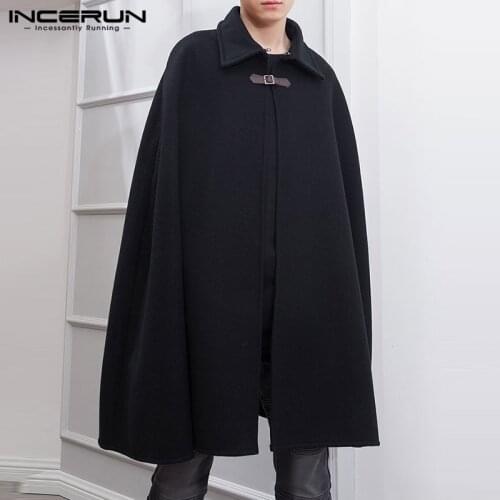 INCERUN 2021 Fashion Men Cloak Coats Solid Color Streetwear Lapel Cape Trench Winter Chic Faux Blends Overcoat Men Jackets S-5XL