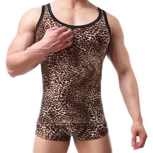Men Undershirt 2 Pieces Set Tops and Shorts Slimming Body Shaper Vest Slimming Underwear Corset Leopard Print Undershirts