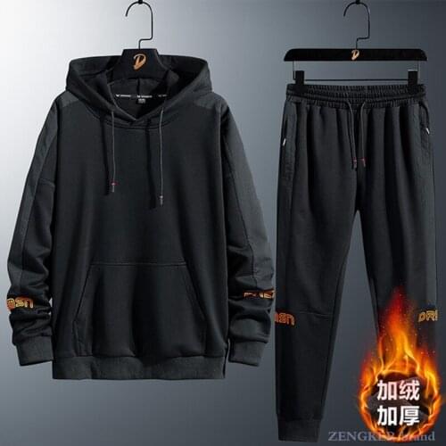 Mens autumn and winter plus velvet thick sweater pants suit plus fat plus size hooded casual trendy fat 2-piece set 140kg8xl