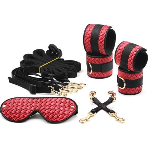 Smspade 5 pieces/lot red PU bed bondage kit, handcuffs foot cuffs blindfold faberic belt hog tie versatile bondage accessories