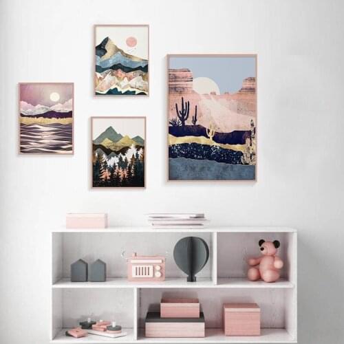 Nordic Abstract Pink eometric Mountain Wall Art Canvas Painting Forest Sunrise Art Poster Print Wall Picture for Living Room