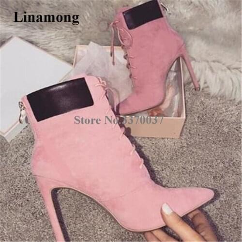 New Fashion Women Suede Leather Lace-up Pink Beige Thin Heel Short Boots Brand Design Ankle Boots Sexy Club Shoes