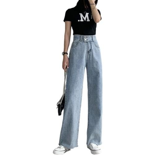 Wholesale 2020 Womens soft jeans straight loose high waist slimming Korean Hyuna style light color drape wide leg mopping pants