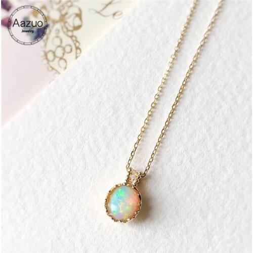 Aazuo 18K Yellow Gold Ogival Free Pendent Necklace Natual Opal Real Diamond gifted for Women Valentines Day Gift Link Chain