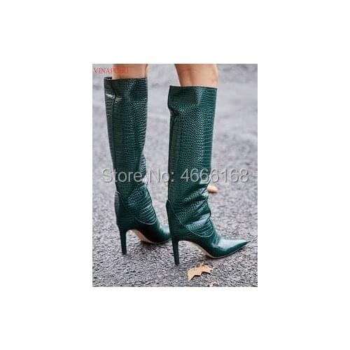 Vinapobo Sexy Thin High Heel Women Knee High Boots Autumn Winter Warm Motorcycle Boots Pointed Toe over the knee Long Shoes Woma