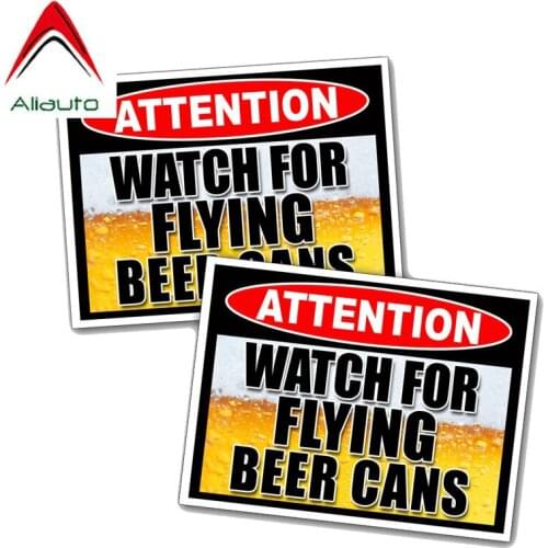 Aliauto Warning Car Sticker 2 X Watch for Flying Beer Can Decal Accessories PVC for Mazda Cx 5 Vw Golf 5 Nissan Logan,11cm*8cm