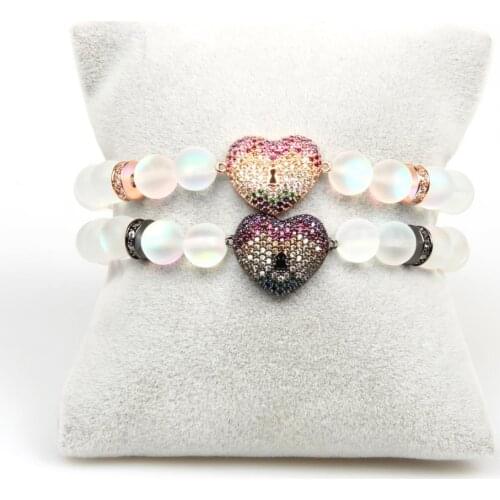 Ailatu New Design Multicolor Cz Heart Bracelet with 8mm White Flash Beads Gift for Men and Women