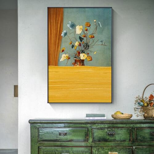 Nordic Abstract Leaf Flower Wall Art Canvas Painting Yellow Blue Still Life Vase Poster Print Wall Picture for Living Room Decor