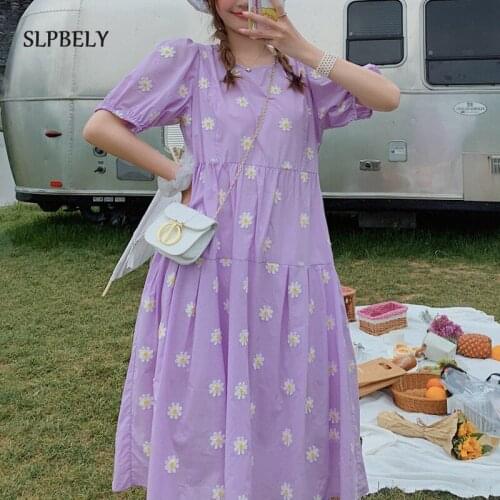 SLPBELY Sweet Dress For Women Summer Daisy Printed Puff Sleeve Floral Loose Midi Dress Midi Casual Korean Style Holiday Dress