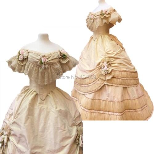 Tailored!Gold taffeta French Duchess Civil war Theatre Southern Belle DRESS Tartan Victorian Colonial dresses HL-271