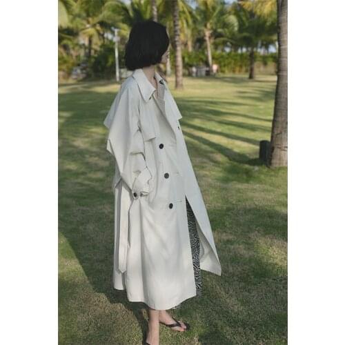 Loose solid color large profile long style thin lace up double breasted windbreaker women 2021 autumn new style coat women