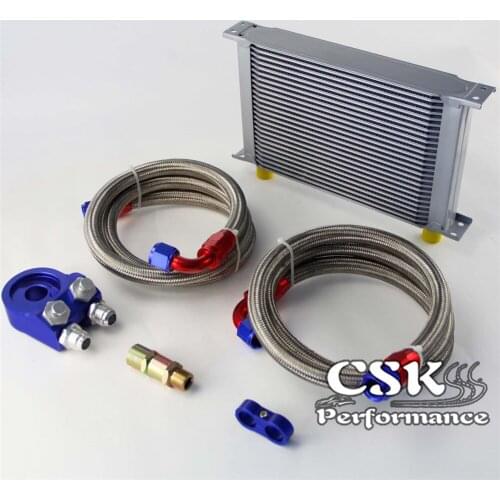 Universal 25 Row 248mm AN10 Engine Transmission Oil Cooler British Type + Aluminum Filter Adapter Kit Blue