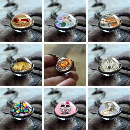 Vintage Mysterious Art Pattern Handmade Necklace Double Side Glass Pendant Bronze Zinc Alloy Necklace Gifts for Women Girl