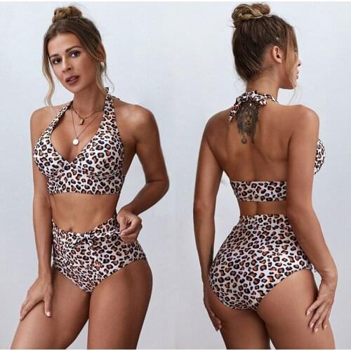 Vintage Leopard Bikinis Set Fashion Womens Swimsuit Sexy Halter Biquini Beach Bathing Suit High Waist Women Swimwear Large Size