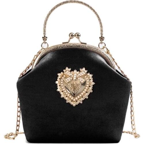 Women Velvet Handbag Vintage Heart Design Evening Bag Wedding Party Bride Clutch Shoulder Bags Purse