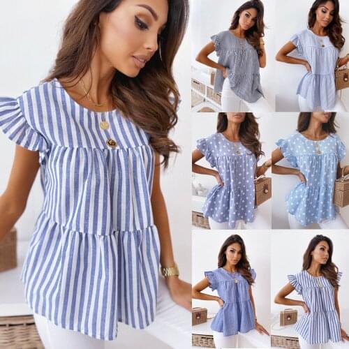 Women' s Blouse Summer Shirts Loose Ruffle Stitching Kawaii Shirt Short-sleeved Striped Tops For Women Clothing Blusas Femme Top