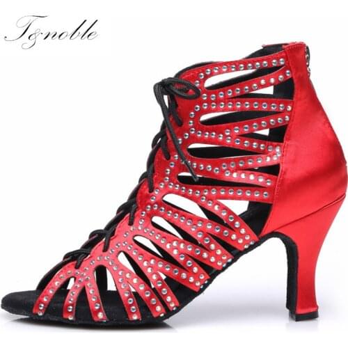 New Style Latin Dance Shoes Women Cuban Heel 9cm Red Gold High Quality Soft Padding Latin Bachat Salsa Dance Boots Sandals L415