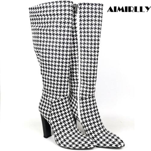 Womens Pointed Toe High heels Knee boots Black White Print Block Heel Ladies Fashion Winter Shoes Full Zippe