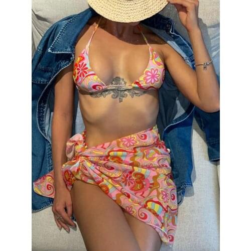 Bikini Print Three-piece Suit Female Swimsuit Sexy Backless Swimsuit with Sarong Bather Sexy Bathing Suit Swim Swimwear