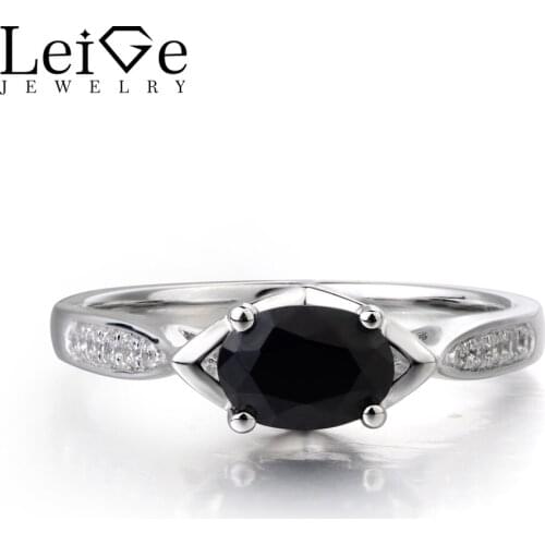 Leige Jewelry Natural Black Spinel Ring Oval Cut Black Gemstone Ring 925 Sterling Silver Fine Jewelry Wedding Gifts for Women