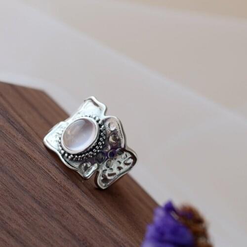 Authentic 925 Sterling Silver Rings Inlaid Natural Rose Quartz National Style Retro Ring Handmade Creativ Women Jewelry Gift