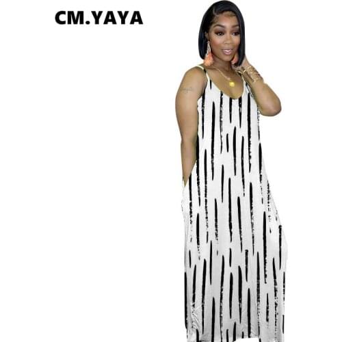 CM.YAYA Women Dress Print Sleeveless Strap V-neck Loose Straight Long Maxi Dresses with Pockets Casual Fashion Streetwear Summer