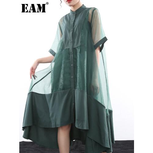 [EAM] Women Green Organza Irregular Big Size Shirt Dress New Stand Collar Half Sleeve Loose Fashion Spring Summer 2021 JT58106