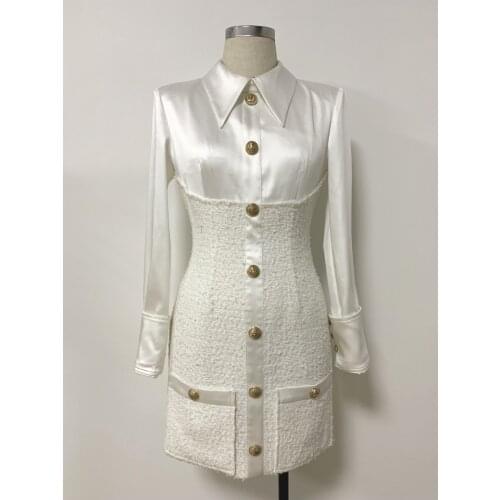 2021 New Stylish Designer Dress Womens White Black Long Sleeve Satin Tweed Patchwork Lion Buttons Dress Wholesale Dropship