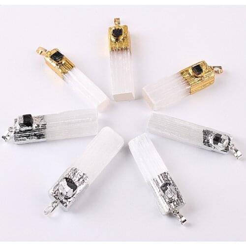 1pcs Selenite Pendant Natural Stone With Crystal Black Tourmaline DIY Necklace Jewelry Pendants