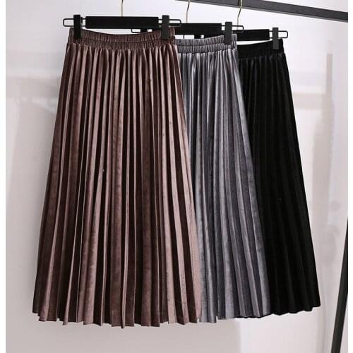 2021 Women Spring Vintage Gold Velvet Skirt Lady Elastic High Waist Pleated Plus Size Skirt Female Casual Slim Solid Faldas K239