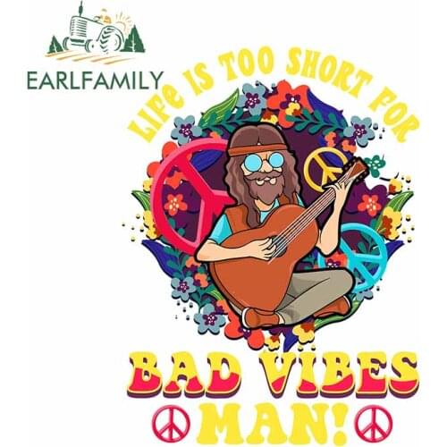 EARLFAMILY 13cm x 9.8cm for Bad Vibes Man Guitar Hippie Car Stickers Refrigerator Motorcycle Decal Refrigerator Cartoon Graphics