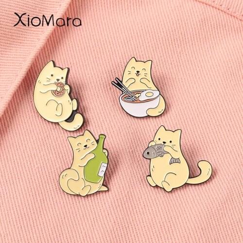 Cat and Wine Enamel Pins Animal Brooches Metal Badges Collar Backpack Decoration Accessories Kittie Jewelry Gift