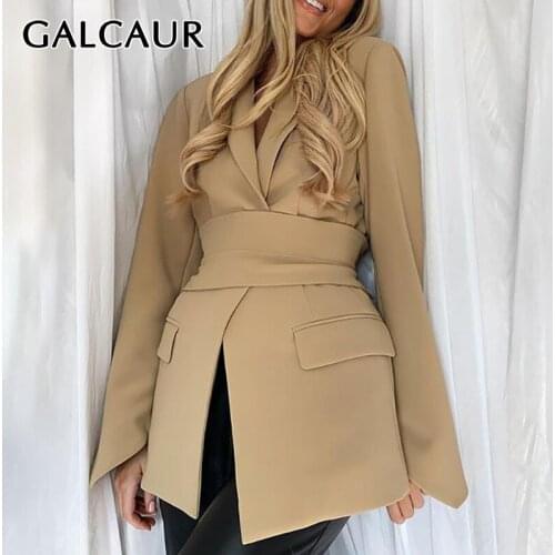 GALCAUR Solid Slim Fold Pleated Womens Coat Notched Long Sleeve Patchwork Minimalist Casual Women Blazers 2021 Fashion New Style