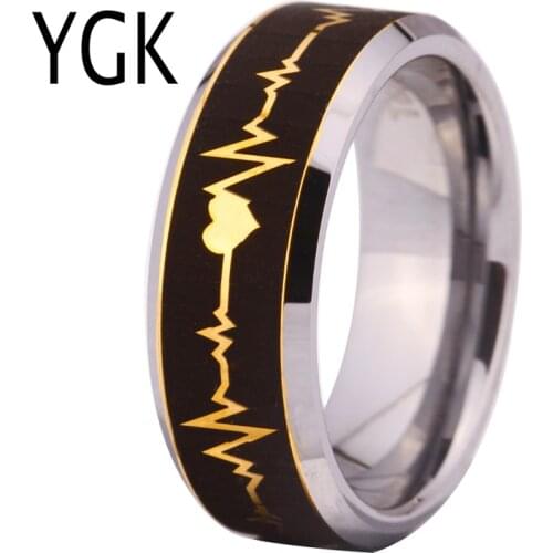 Classic Wedding Rings for Women Mens Engagement Rings Heart Beat EEG Design Promise Anniversary Jewelry Golden Tungsten Ring