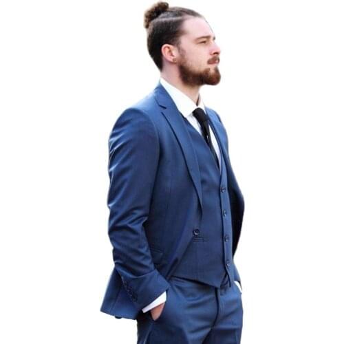 Handsome Blue Mens Evening Dress Prom Toast Business Suit Customize Slim Fits Groom Tuxedos (Jacket+Pants+Vest+Tie) K:152