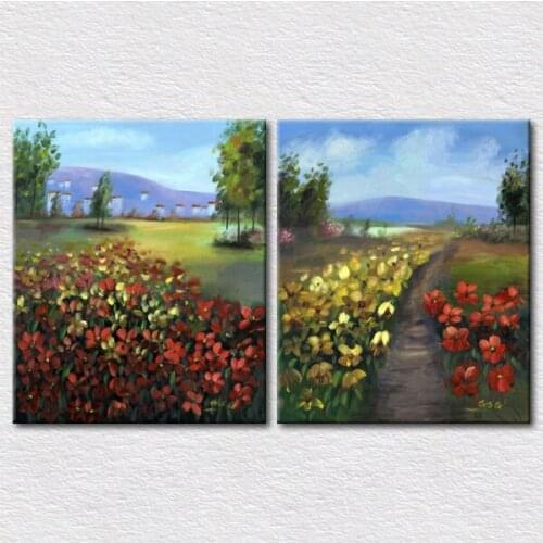 Beautiful 2pcs set modern decoration picture flower field sencery from handmade painting printed on canvas for wall decor