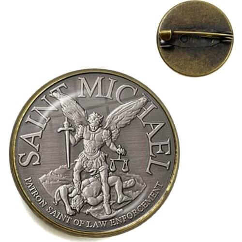 Hot St.Michael Brooches Fashion Protect Me Saint Shield Protection Justice Collar Pins Talisman Christian Holy Gifts For Friends