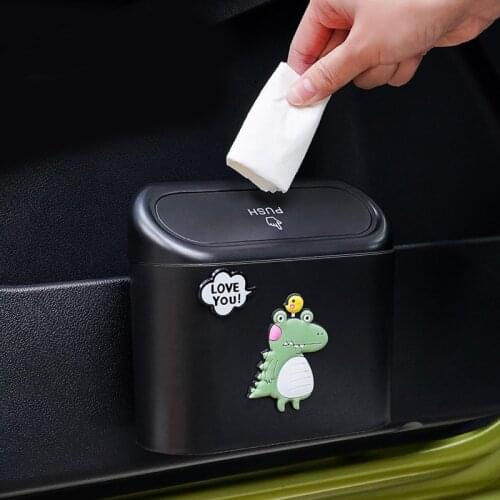 Cute Cartoon Car Trash Bin Hanging Vehicle Garbage Dust Case Storage Box Pressing Type Trash Can Auto Interior Accessories