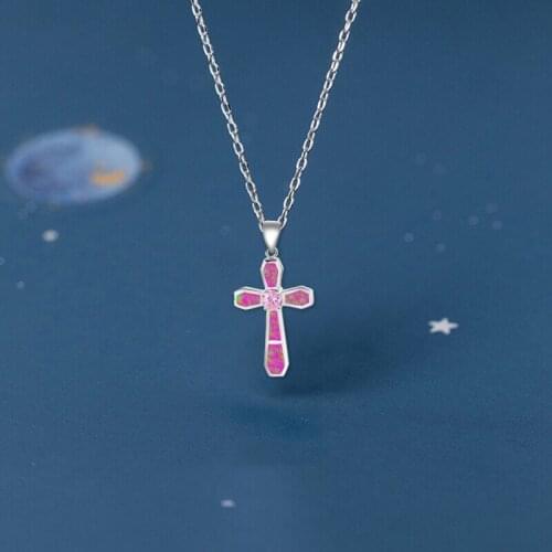 Trendy Cross Design Pink Fire Opal Stamped Silver Nacklace Pendants Pink Crystal Fashion Jewelry OP610A