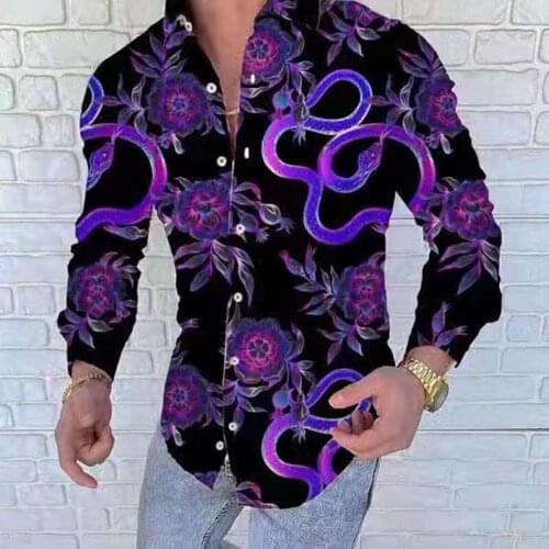 Fashion Purple Print Mens Shirts Casual Slim Fit Harajuku Long Sleeve Male Shirt Tops mens clothing wholesale free shipping